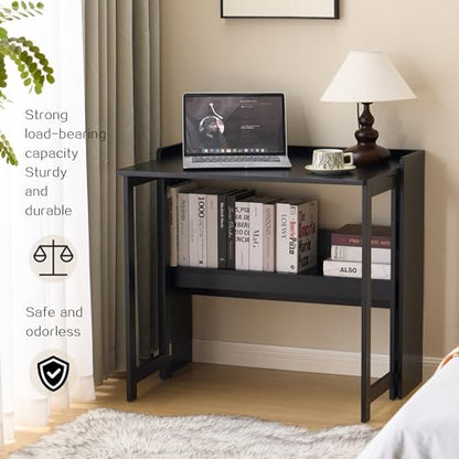 Foldable Desk，Folding Table with Storage Shelf,32.6 Inch Fold Out Computer Desk for Small Spaces,Writing Desk for Bedroom Home Office Dorm and Apartment (Black)