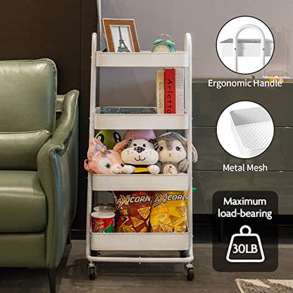 elabo 4-Tier Metal Mesh Utility Rolling Cart, Storage Organizer Trolley Services Cart with Lockable Wheels for Kitchen, Bathroom, Living Room (White) - color: White