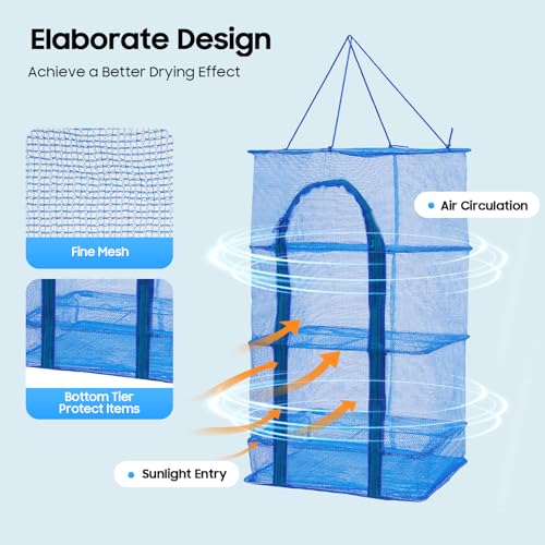 Herb Drying Rack, 4 Layers Foldable Drying Rack with Zipper Opening, Hanging Drying Net for Herbs, Fruits, Vegetables, Fish, Shrimp, Foldable Nylon Netting, Blue (13.78X13.78X25.59 in)