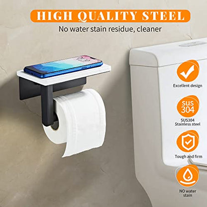 Matte Black Toilet Paper Holder with Shelf, 304 Stainless Steel Screw Wall Mounted, Marble Tissue Roll Holder with Storage - color: Matte Black