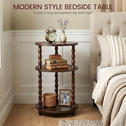 Small Round Side Table, 3-Tier Solid Wood End Table with Storage Shelf, Modern Bedside Tables Night Stand for Living Room, Bedroom, College Dorm, Small Space (Rustic Brown) - color: Rustic Brown