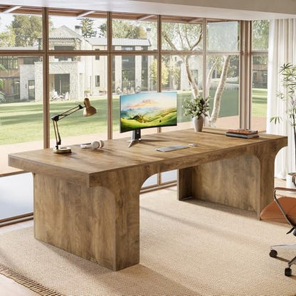Tribesigns 70.87" Executive Office Desk with Arched Design, Oak | Modern Wooden Writing Table, Large Workspace Computer Desk Simple Business Furniture for Home Office, Sturdy Room - color: Oak
