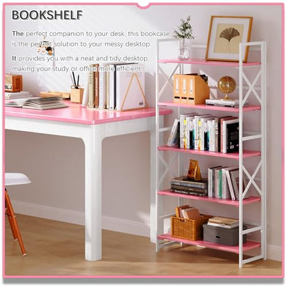 4NM 5 Tiers No Assembly Book Shelves, 51.2" H Folding Bookshelf Bookcase Open Industrial Foldable Shelves for Bedroom, Living Room, Home Office - Pink White - color: Pink White, size: XX 5-Tier