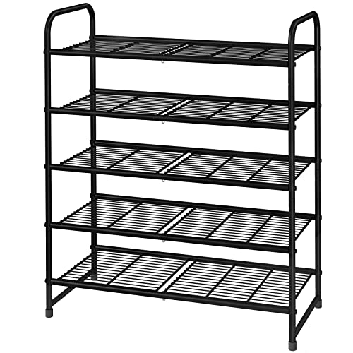 Simple Trending 5-Tier Stackable Shoe Rack, Expandable & Adjustable Shoe Organizer Storage Shelf, Wire Grid, Black - color: Black, size: 5 Tiers