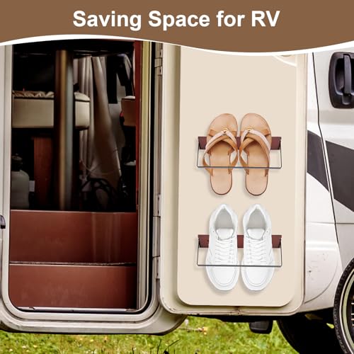 SCUNDA 2-Pack Wall Mounted Shoe Rack, Wooden & Metal Foldable Shoe Rack - Space Saving Wall Shoe Holder for Entryway, RV, Camper, Closet, Apartment, Fits Various Shoes-Brown