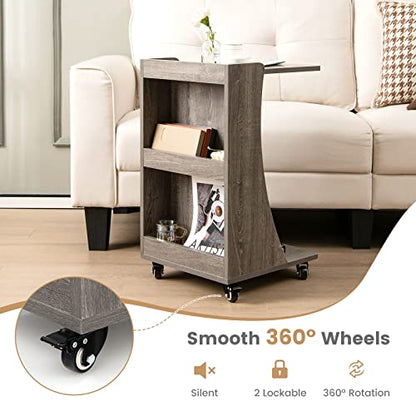 Tangkula C-Shaped End Table, Small Sofa/Couch Side Table Snack Table with 3-Tier Back Compartment, Wheels with Brakes, Modern Rolling Nightstand for Living Room, Bedroom, Small Space (1, Grey)