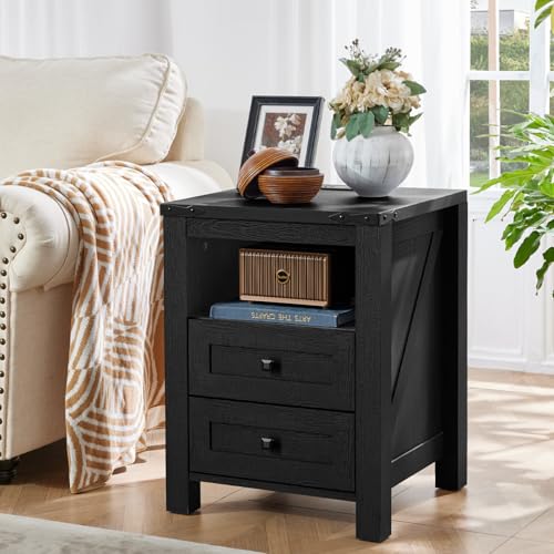 Joaxswe Night Stands with Charging Station Set of 2, Farmhouse Nightstand, Wooden Bedside End Tables with 2 Drawers and Open Shelf, Bed Side Table for Bedroom, Living Room, Closet, Office (Black) - color: Black, size: 2 pack