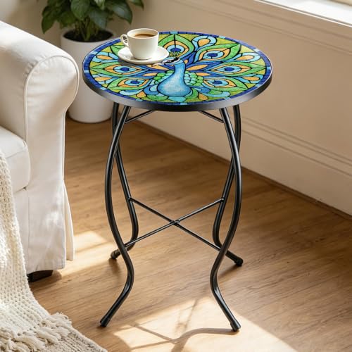 MUMTOP Outdoor Side Table - Small Mosaic Patio Tables, 14” Round Accent End Coffee Glass Plant Stand for Garden Living Room(Peacock) - color: G-peacock