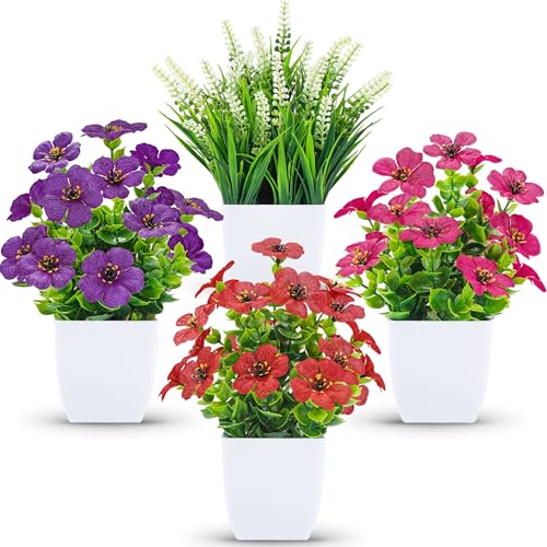 Der Rose 4 Pack Small Artificial Flowers in White Pots, Spring Home Decor | UV-resistant artificial plants, colorful mixed flower styles, for desk shelf bathroom bedroom classroom and spring home decor - color: Colorful
