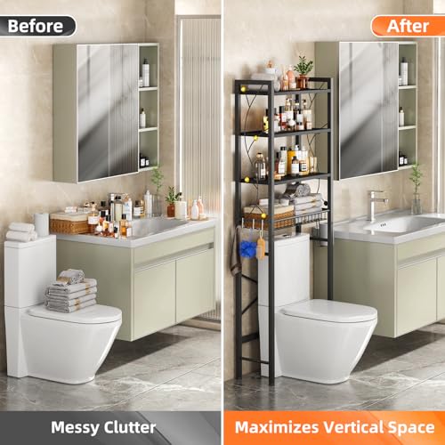 Over-The-Toilet Storage Rack, 4-Tier Bathroom Organizer Shelf Over Toilet with Adjustable Shelf and Basket, Freestanding Space Saver Bathroom Shelves Above Toilet for Room (Pure Black) - color: Pure Black