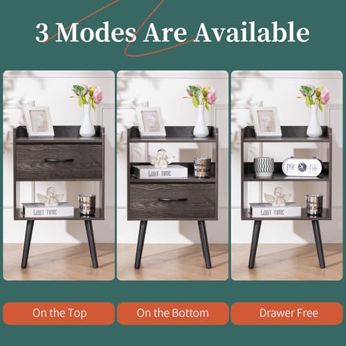 Yoobure Night Stand with Fabric Drawer, Modern Nightstand, Bedside Tables, Mid Century Nightstands with Open Storage Shelf, Wood Bedside Table, Small Night Stands for Bedrooms, 2-Tier Night Table - color: Charcoal Gray