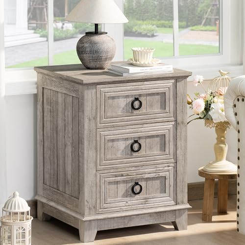 Joaxswe 18" Farmhouse Night Stand with 3 Drawers, Wood End Table Dresser for Bedroom, Retro Oak Nightstand, Bed Side Table with Metal Handle, Bedside Cabinet for Bedroom Living Room, Closet - color: Oak Set 1, size: 3 Drawers
