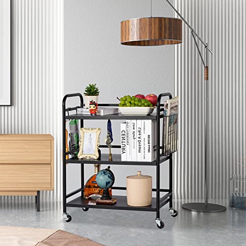 HDANI 3 Tier Metal Rolling Utility Cart,High Capacity Multi Purpose Heavy Duty Cart for Office,Kitchen,Living Room,Bedroom,Black - color: Black, size: Large with Basket