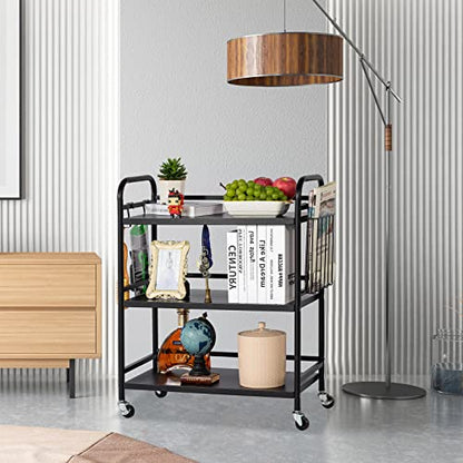 HDANI 3 Tier Metal Rolling Utility Cart,High Capacity Multi Purpose Heavy Duty Cart for Office,Kitchen,Living Room,Bedroom,Black - color: Black, size: Large with Basket