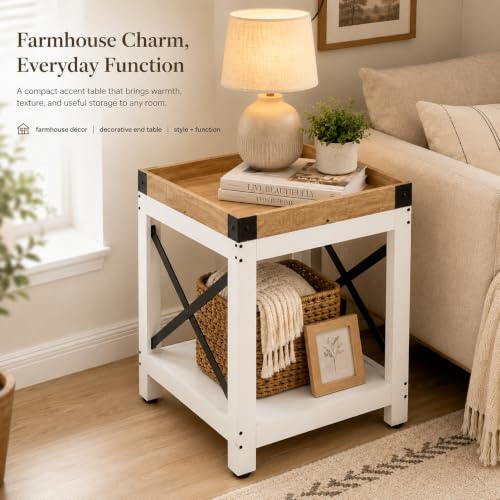 Farmhouse Square Side Table,2-Tier End Table with Storage Shelf | Modern Sofa Couch Table Bedside Nightstand With X-Frame for Living Room Bedroom Office Small spaces,White+Oak - color: White+oak, style: Farmhouse