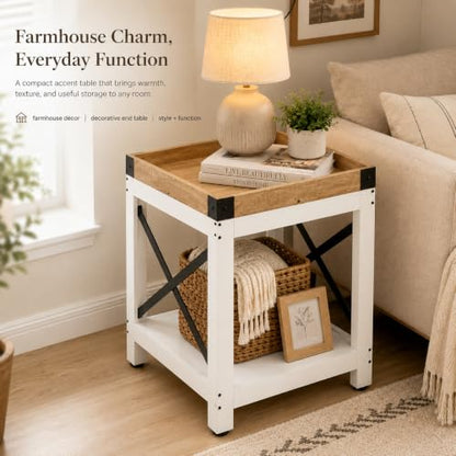 Farmhouse Square Side Table,2-Tier End Table with Storage Shelf | Modern Sofa Couch Table Bedside Nightstand With X-Frame for Living Room Bedroom Office Small spaces,White+Oak - color: White+oak, style: Farmhouse