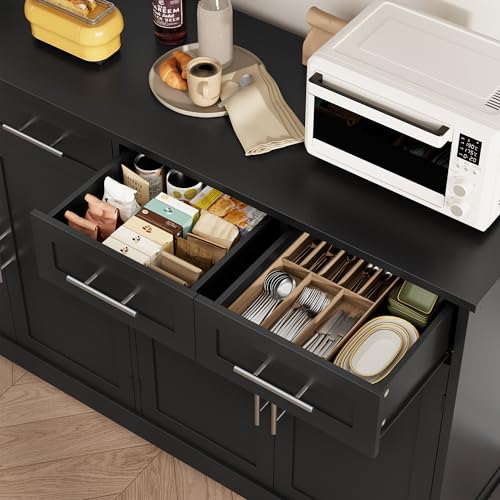 HOSTACK 60" Large Buffet Sideboard with Storage, 36" Tall Kitchen Buffet Storage Cabinet with 4 Drawer, Modern Coffee Bar Cabinet with Silver Handle, Long Sideboard Buffet Table for Kitchen, Black - color: Black
