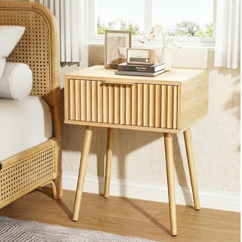 VINGLI Nightstands Set of 2, Fluted Night Stand with Drawer, Bedside Table, Wood Nightstand for Bedroom, Mid Century Modern End Tables, Natural Oak, 18.9" W*14.96" D*24" H - color: Oak, size: 19"W-1 Drawer