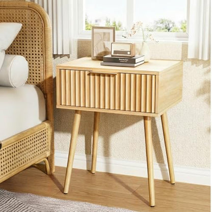 VINGLI Nightstands Set of 2, Fluted Night Stand with Drawer, Bedside Table, Wood Nightstand for Bedroom, Mid Century Modern End Tables, Natural Oak, 18.9" W*14.96" D*24" H - color: Oak, size: 19"W-1 Drawer