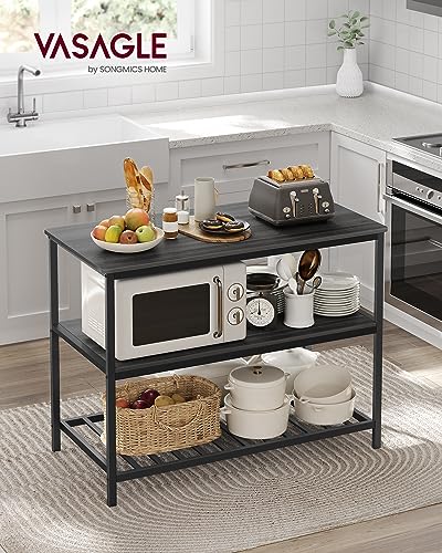 VASAGLE Kitchen Island with 3 Shelves, 47.2 Inches Width Kitchen Shelf with Large Worktop, Stable Steel Structure, Industrial, Easy to Assemble, Ebonised Oak and Black UKKI001B42 - color: Ebonised Oak + Black, size: 47.2"W x 35.4"H, style: without Power O