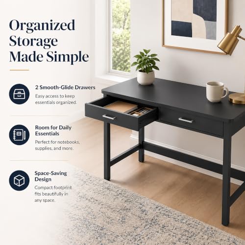 4NM 39.4" Small Desk with Wood Drawers, Home Office Computer Desk with Wooden Legs, Study Writing Table Vanity Desk for Small Spaces - Black
