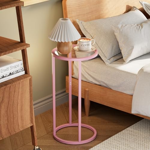C Table Side End Table,Glass Couch Table Set of 2, Round Sofa End Table with Metal Frame, Small Snack Table for Living Room, Bedroom, Small Spaces, Easy Assembly (Pink,2pcs) - color: Pink
