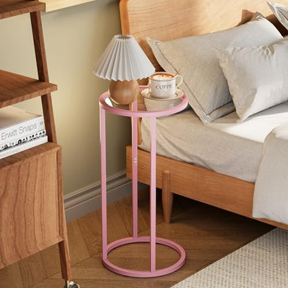C Table Side End Table,Glass Couch Table Set of 2, Round Sofa End Table with Metal Frame, Small Snack Table for Living Room, Bedroom, Small Spaces, Easy Assembly (Pink,2pcs) - color: Pink