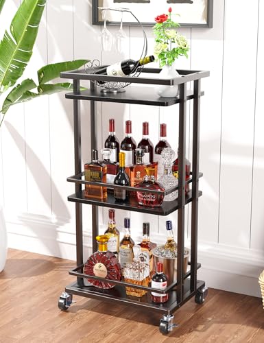 OKZEST 3-Tier Bar Cart for Home, Mini Rolling Liquor Cabinet & Serving Cart | Small alcohol coffee bar cart for party, Holds wine, liquor, beverage, glassware, shaker, coffee supplies, Rustic farmhouse - color: Rustic Black, size: 3-Tier (Bar Cart)