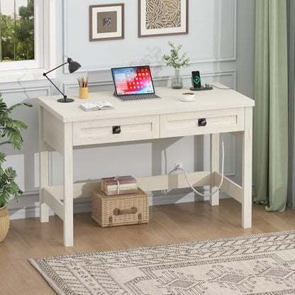 YOMILUVE Farmhouse Computer Desk with 2 Drawers, 39 Inch Small Office Computer Desk with Power Outlets, Compact Writing Study Vanity Desk for Small Spaces, White - color: White
