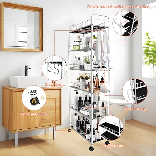 10in 6 Tier Slim Storage Cart with Wheels, Narrow Space Rolling Shelving Unit with Handle, Metal Wire Mobile Organizer Rack for Kitchen Bathroom Office Laundry - size: 10in White Cart with Handle