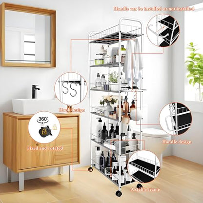 10in 6 Tier Slim Storage Cart with Wheels, Narrow Space Rolling Shelving Unit with Handle, Metal Wire Mobile Organizer Rack for Kitchen Bathroom Office Laundry - size: 10in White Cart with Handle