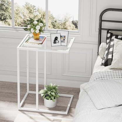 Easy Paws Small C Shaped Table for Sofa,Glass Couch Sofa Tray Snack Table for Living Room, Bedroom,TV Tray Table for Small Space,Accent Coffee Table,Nightstand with Metal Frame(White) - color: White