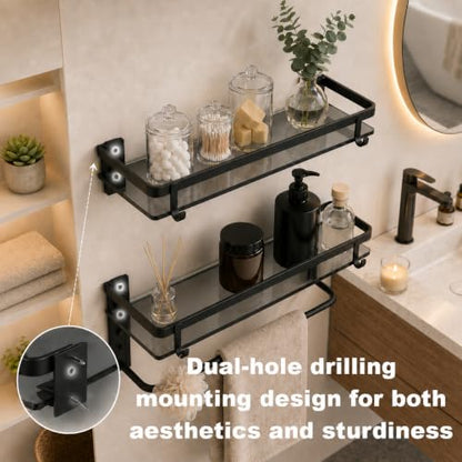 VOLPONE Glass Shelf for Bathroom 15.7 in Black Bathroom Shelves Wall Mounted Tempered Glass Shelving with 4 Removable Hooks (2 Tier) - style: 2 tier with towel hooks-black