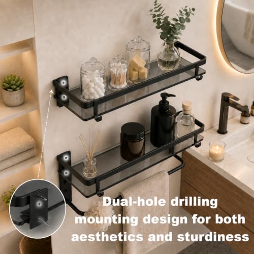 VOLPONE Glass Shelf for Bathroom 15.7 in Black Bathroom Shelves Wall Mounted Tempered Glass Shelving with 2 Removable Hooks (1 Tier) - style: 1 tier with towel bar-black