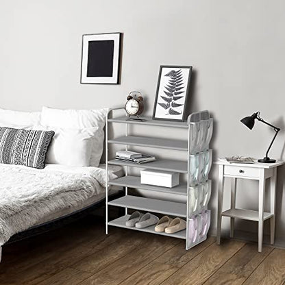 Simple Houseware 6-Tier Shoe Rack Storage Organizer w/Side Hanging Bag, Grey - color: Grey