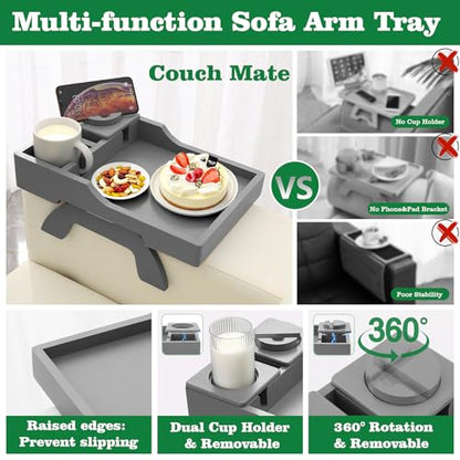 GHKINMAL Couch Cup Holder, 4-in-1 Side Couch Arm Tray with Phone Holder, Sofa Clip on Side Table for Wide Couches Arm, Suitable for Home Drinks/Remote/Snacks-Grey - color: Gray