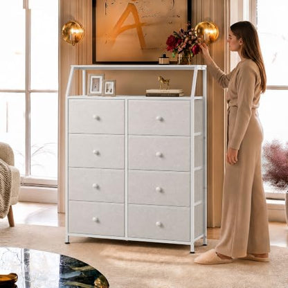 WLIVE White Fabric Dresser for Bedroom, 8 Drawer Tall Chest of Drawers | Premium Bouclé Fabric Dresser, Storage Tower with Open Shelf,Easy Assembly Dresser - color: Cream White, style: Raised Shelves