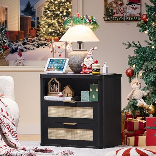 LEYAOYAO Rattan 23" Nightstands with Charger Station 2 Drawers | Gold Metal Handle, Open Shlef Storage, Boho Night Stand, Bedside Table Dresser for Bedroom, Living Room Hallway - color: Boho Black, size: 15.5"D x 23"W x 24.2"H (2 Drawers)