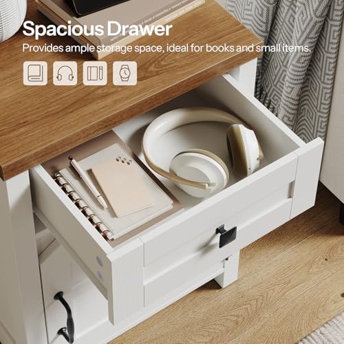 HOOBRO Farmhouse End Table with Charging Station, End Tables Living Room with Drawer, Rustic Nightstand with Arched Barn Door, Wooden Sofa Side Bedside Table, White and Walnut WH406UBZ01