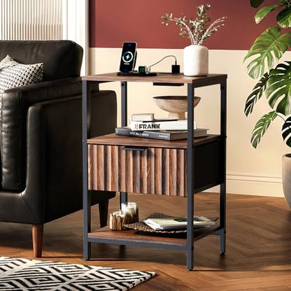 VINGLI Nightstand with Charging Station and Fabric Drawer, Walnut Nightstand Fluted with Drawer, Bedside Table/End Table with Charger Station, Side Table Bedroom, Small Night Stand Dark Walnut, 1 pc - color: Walnut, size: 15"W-1 Drawer 2 Shelf