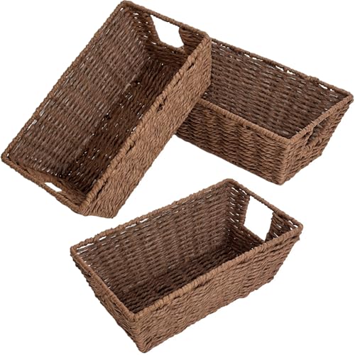 Paper Rope Storage Baskets for Shelves Organizing, Small Hand Woven Wicker Organizer Basket with Handle for Bathroom Toilet Paper Storage, Brown, 3-Pack - color: Paper Rope Brown, size: 3 Pack