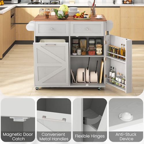 Giantex Kitchen Island Cart with Hidden Tilt Out Trash Can Cabinet, Drop Leaf, 2 Drawers, Towel Rack, Rolling Mobile Breakfast Bar Table, Wood Kitchen Storage Cart on Wheels (Grey & Natural) - color: Grey