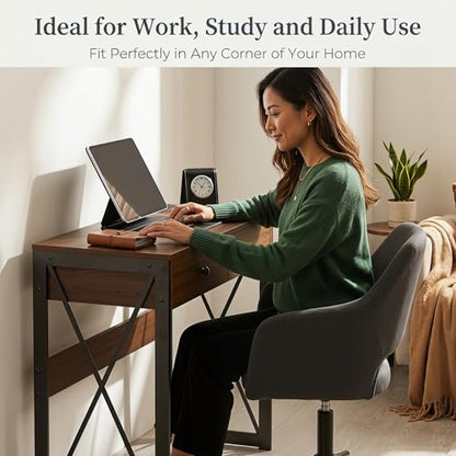 Manora Rustic Brown Computer Desk with Power Outlets & USB Ports, 31.5 Inch Small Writing Desk with 2 Drawers, Industrial Home Office Desk with Metal Frame for Bedroom, Apartment & Small Spaces - color: Rustic Brown