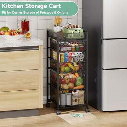 keomaisyto 6-Tier Kitchen Storage Cart with Top Basket & Drawers, Utility Fruit Vegetable Storage Rack on Lockable Wheels, Metal Rolling Snack Cart, Kitchen Organization for Potatoe Onion Can Spice - size: 6-Tier