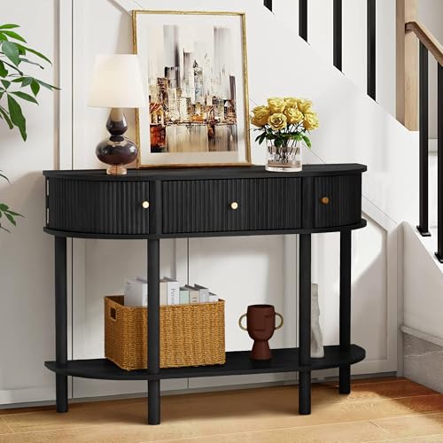 XUZENEST 43.3“ Fluted Half Moon Console Table, Modern Entryway Console Sofa Table with Storage, Narrow Wood Accent Tables Behind Couch Tables for Living Room, Hallway, Foyer(Black) - color: 43.3 Haflf Moon Black