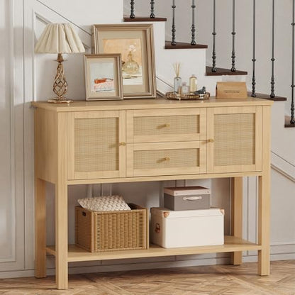 YOSHOOT Rattan Console Table with Storage, Entryway Table with 2 Doors & 2 Drawers, Farmhouse Coffee Bar for Kitchen, Living Room, and Entryway, Oak - color: Oak