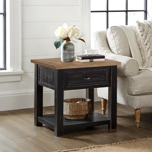 Monterey Farmhouse Rustic End Table, Solid Pine Wood Coastal Side Table with Drawer and Shelf. Black and Driftwood. | Farmhouse Rustic, Coastal Side Table, Drawer and Storage Shelf - color: Black and Driftwood