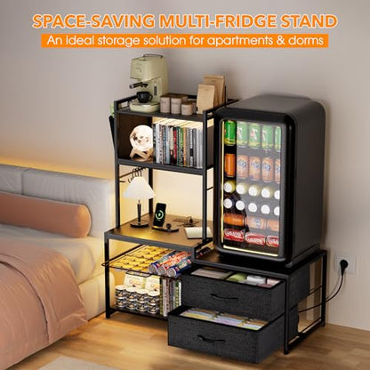 POZILAN 47" Adjustable Mini Fridge Stand with Storage, 5-Tier Mini Fridge Shelf with Power Outlet, Sturdy Coffee Bar Station with Pod Storage, Microwave Stand for Dorm, Office, Kitchen, Black