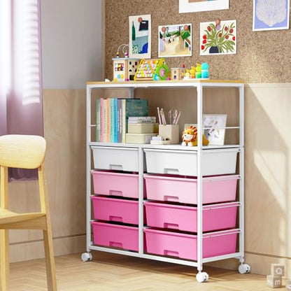 Rolling cart with 8 drawers,Storage drawer cart with wooden tabletop,Lockable wheels organizer for homeschool, arts & crafts, classroom, office & creative spaces (Pink) - color: Pink