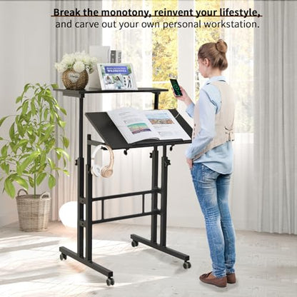 Hadulcet Mobile Standing Desk with Charging Station, Adjustable Standing Computer Desk, Standing Adjustable Laptop Cart with Wheels for Home Office Classroom Black - color: Black, size: 23.6" With Charging Station